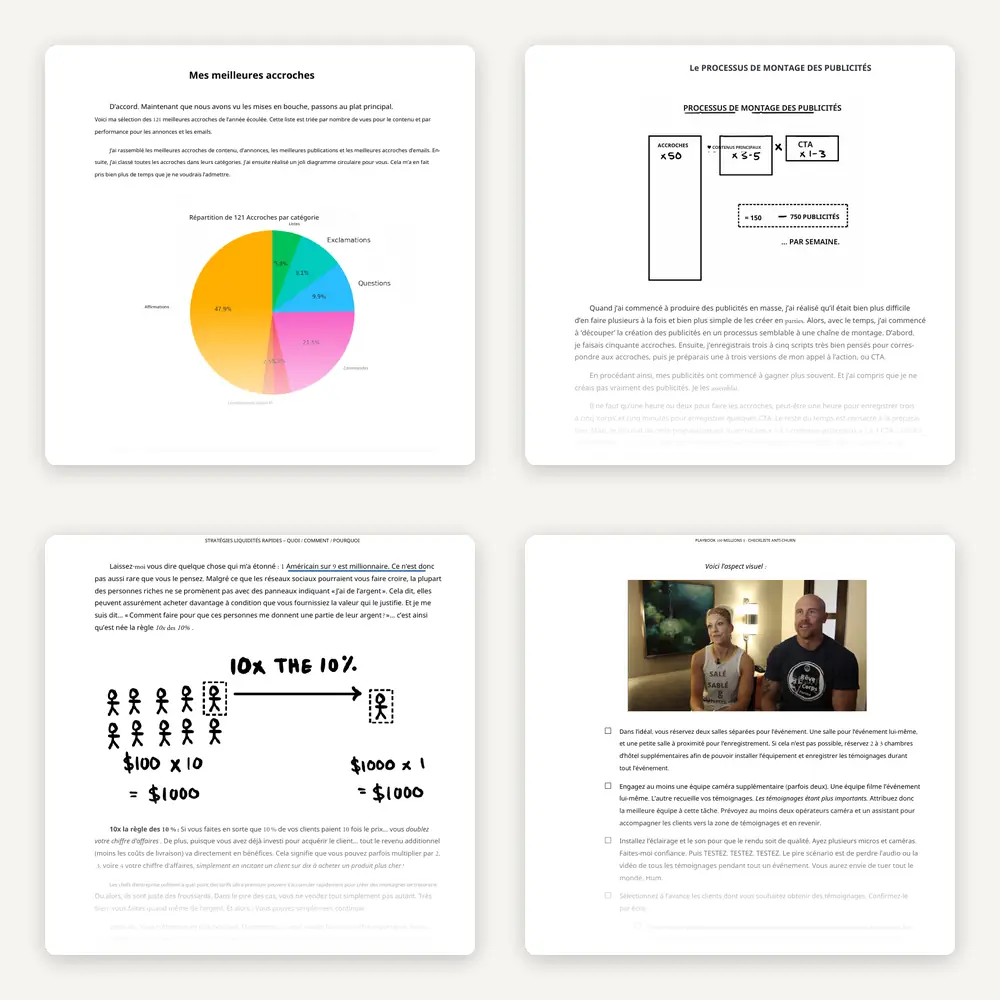 Extraits des playbooks en français : Accroches, Publicités GOATEd, Liquidités Rapides, Machine Marketing